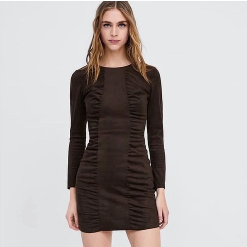 Zara Ruched Bodycon Mini Dress Faux Suede Brown Long Sleeve M